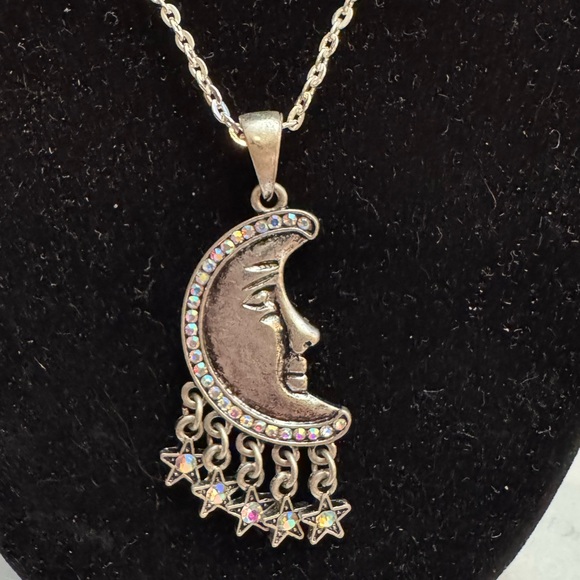 Moon and Crystal Stars Starry Night, Celestial Pendant Silvertone Boho Necklace - Picture 2 of 5